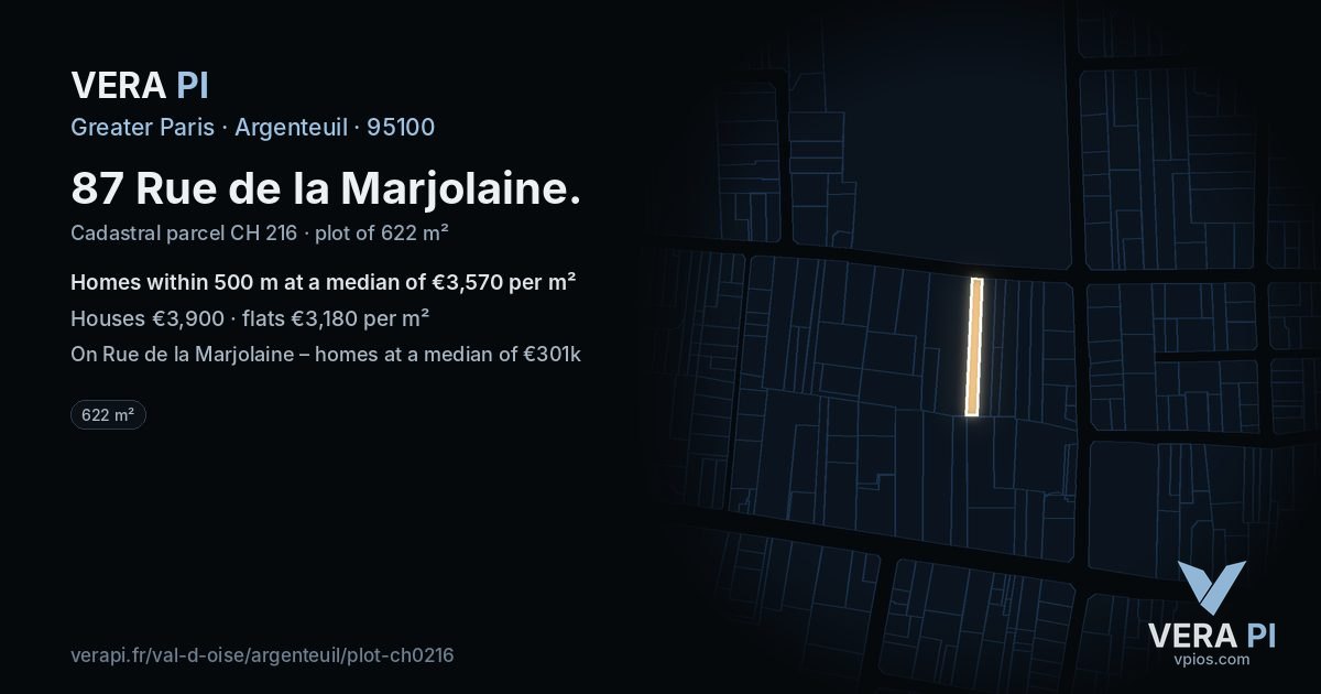 87 Rue de la Marjolaine, Argenteuil at night – the plot lit, the parcels around coloured by the prices near them