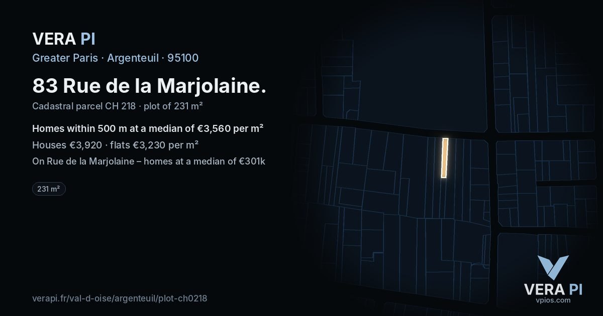 83 Rue de la Marjolaine, Argenteuil at night – the plot lit, the parcels around coloured by the prices near them