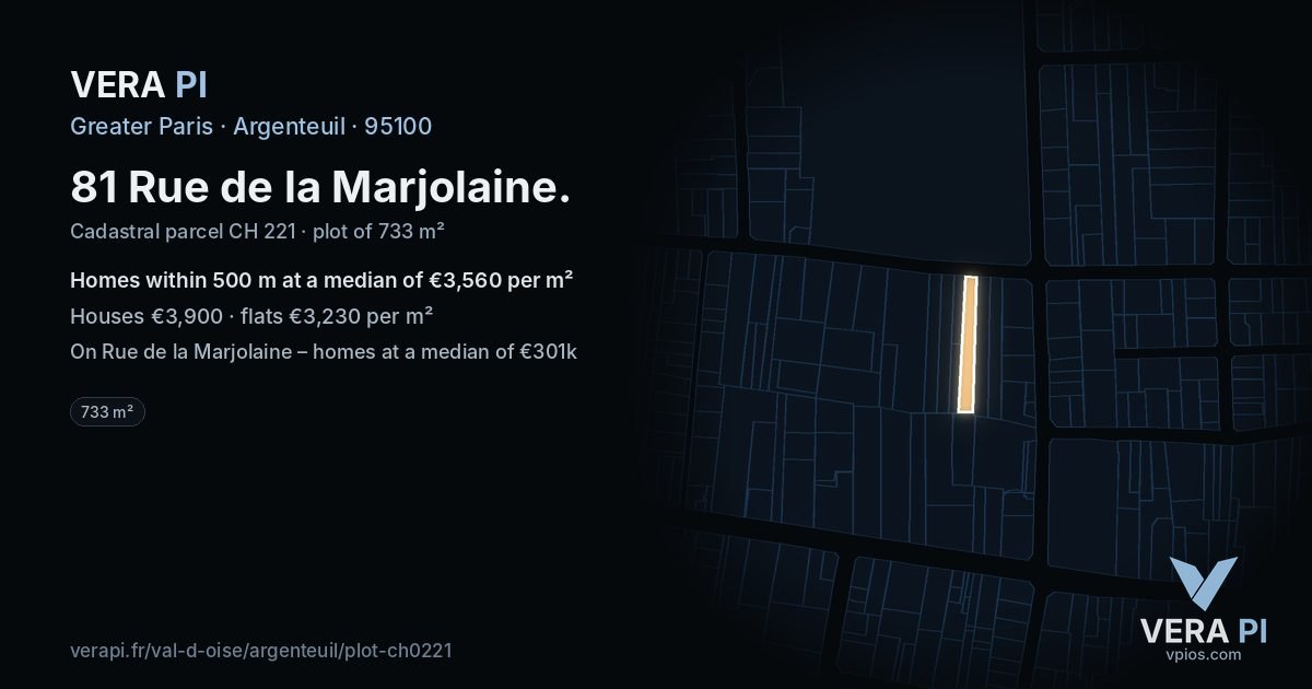 81 Rue de la Marjolaine, Argenteuil at night – the plot lit, the parcels around coloured by the prices near them