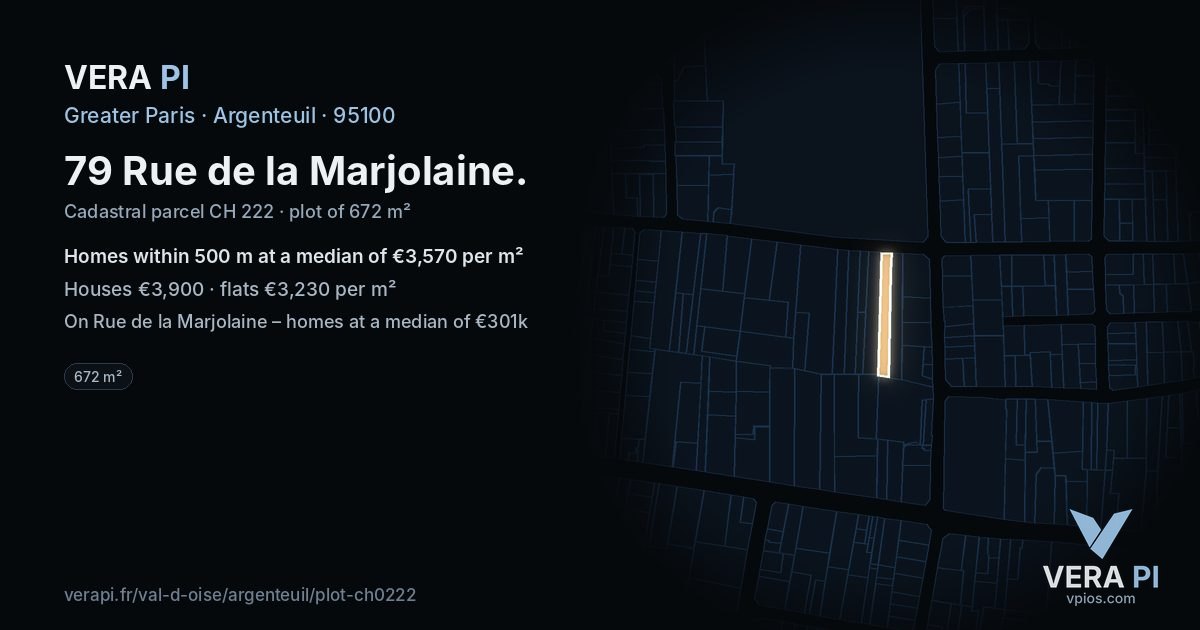 79 Rue de la Marjolaine, Argenteuil at night – the plot lit, the parcels around coloured by the prices near them