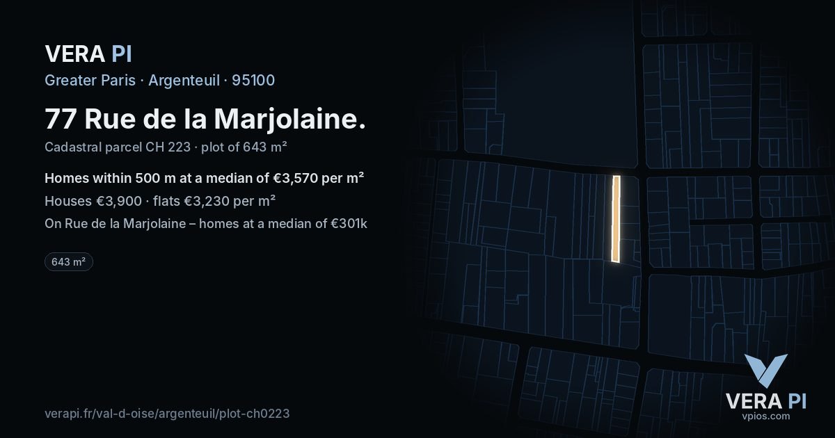 77 Rue de la Marjolaine, Argenteuil at night – the plot lit, the parcels around coloured by the prices near them