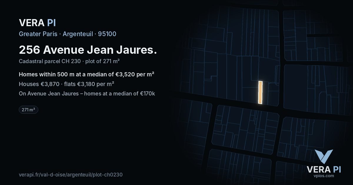 256 Avenue Jean Jaures, Argenteuil at night – the plot lit, the parcels around coloured by the prices near them