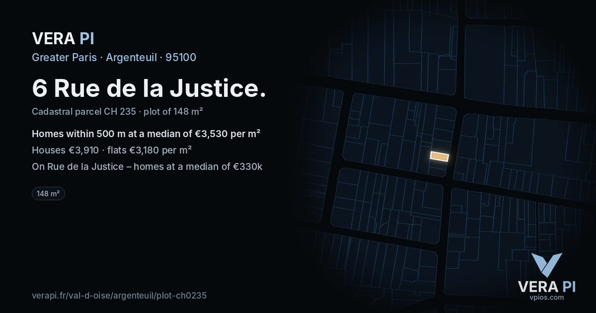 6 Rue de la Justice, Argenteuil at night – the plot lit, the parcels around coloured by the prices near them