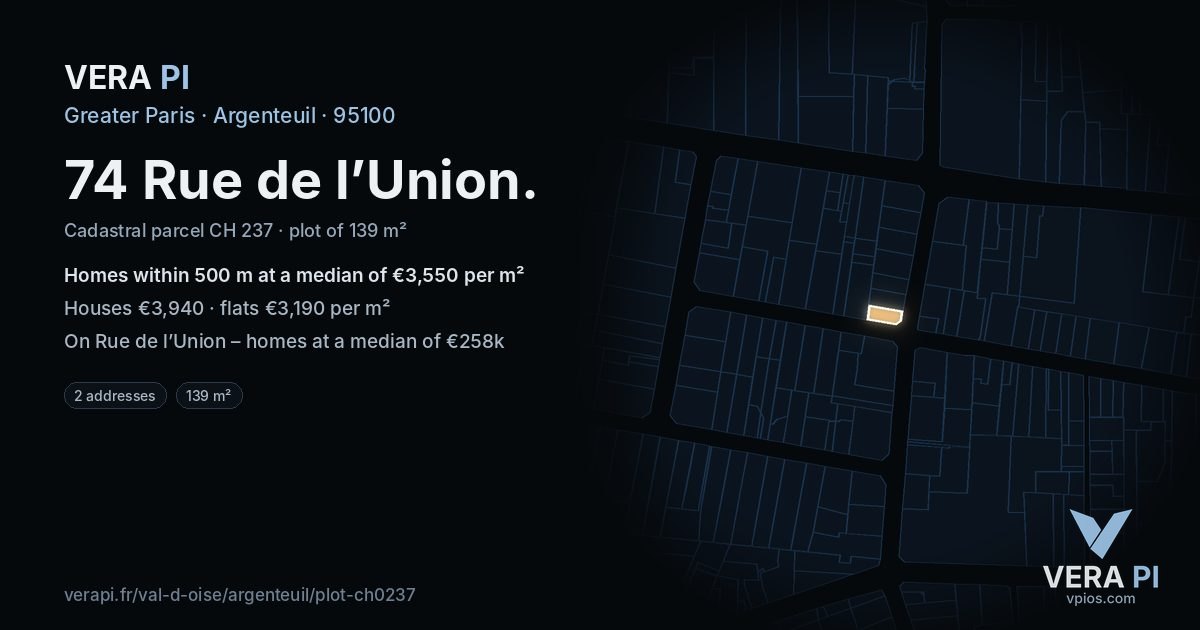 74 Rue de l’Union, Argenteuil at night – the plot lit, the parcels around coloured by the prices near them
