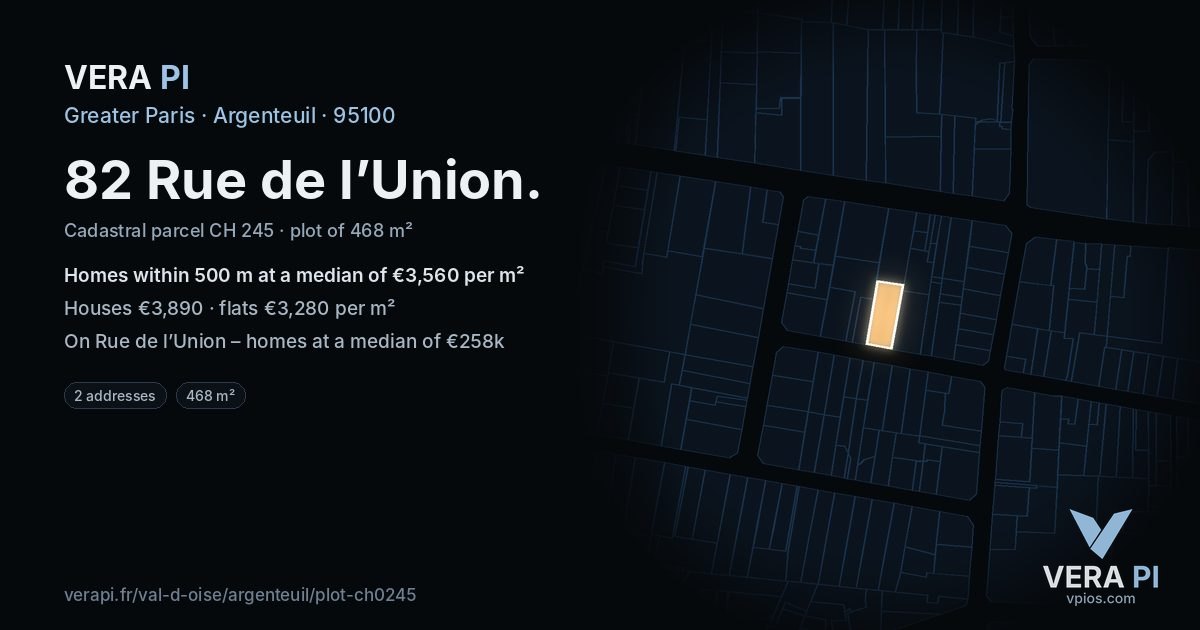 82 Rue de l’Union, Argenteuil at night – the plot lit, the parcels around coloured by the prices near them