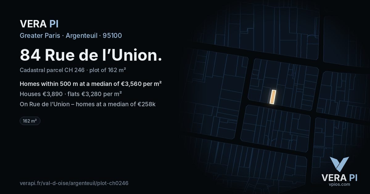 84 Rue de l’Union, Argenteuil at night – the plot lit, the parcels around coloured by the prices near them