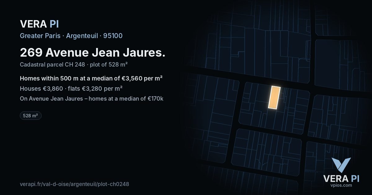 269 Avenue Jean Jaures, Argenteuil at night – the plot lit, the parcels around coloured by the prices near them