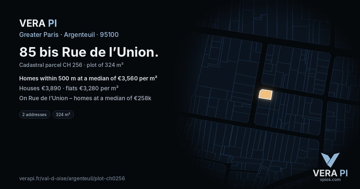 85 bis Rue de l’Union, Argenteuil at night – the plot lit, the parcels around coloured by the prices near them