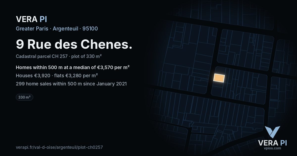9 Rue des Chenes, Argenteuil at night – the plot lit, the parcels around coloured by the prices near them