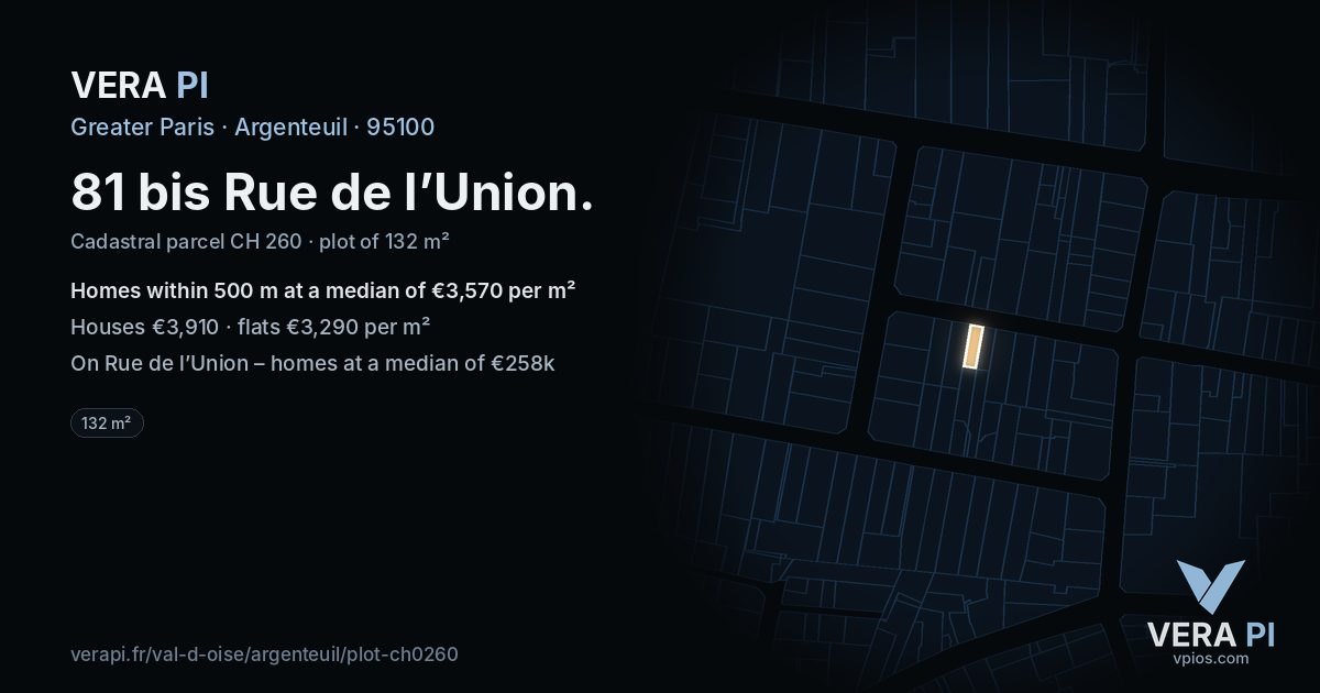 81 bis Rue de l’Union, Argenteuil at night – the plot lit, the parcels around coloured by the prices near them