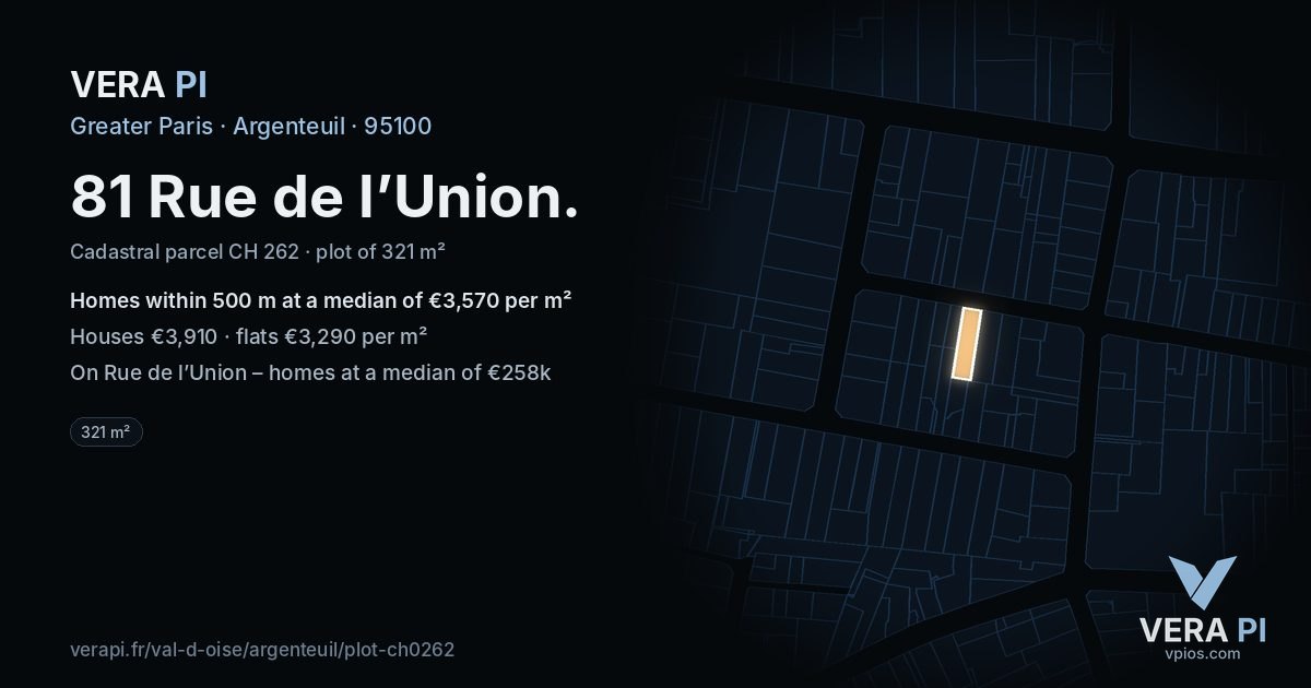 81 Rue de l’Union, Argenteuil at night – the plot lit, the parcels around coloured by the prices near them