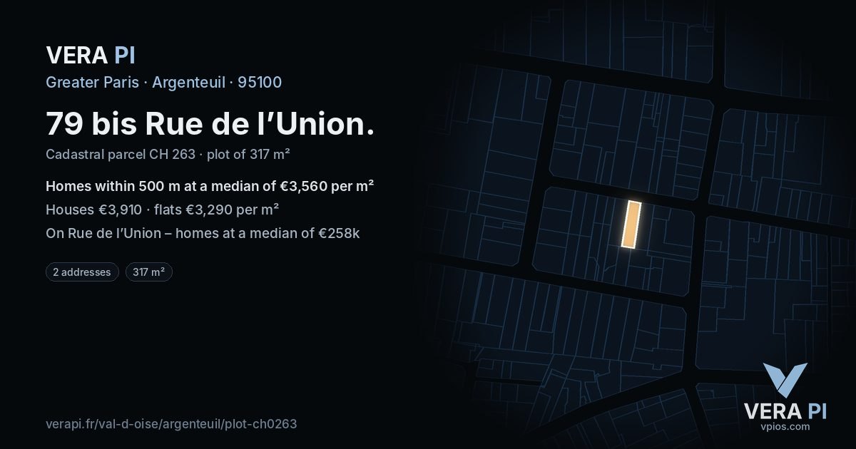 79 bis Rue de l’Union, Argenteuil at night – the plot lit, the parcels around coloured by the prices near them