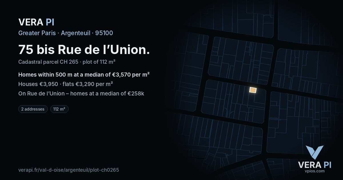 75 bis Rue de l’Union, Argenteuil at night – the plot lit, the parcels around coloured by the prices near them