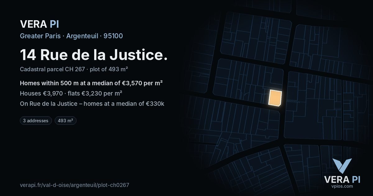 14 Rue de la Justice, Argenteuil at night – the plot lit, the parcels around coloured by the prices near them