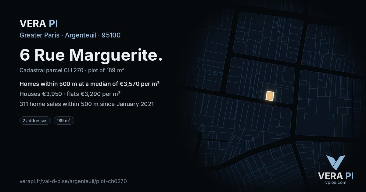 6 Rue Marguerite, Argenteuil at night – the plot lit, the parcels around coloured by the prices near them