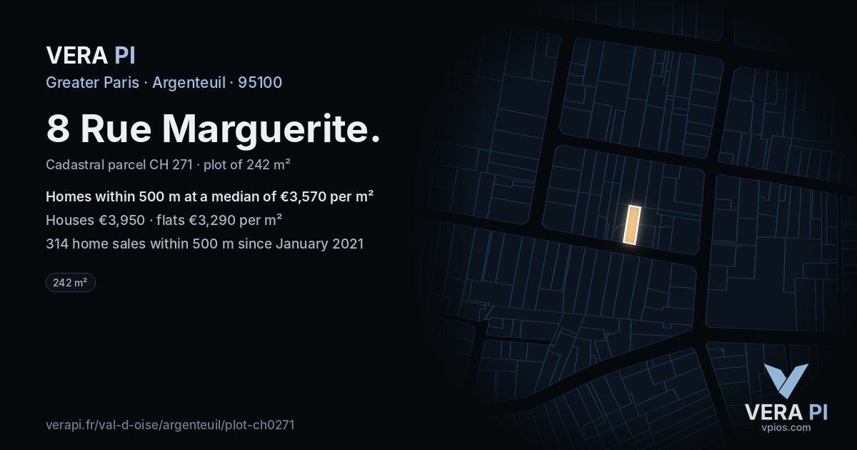 8 Rue Marguerite, Argenteuil at night – the plot lit, the parcels around coloured by the prices near them