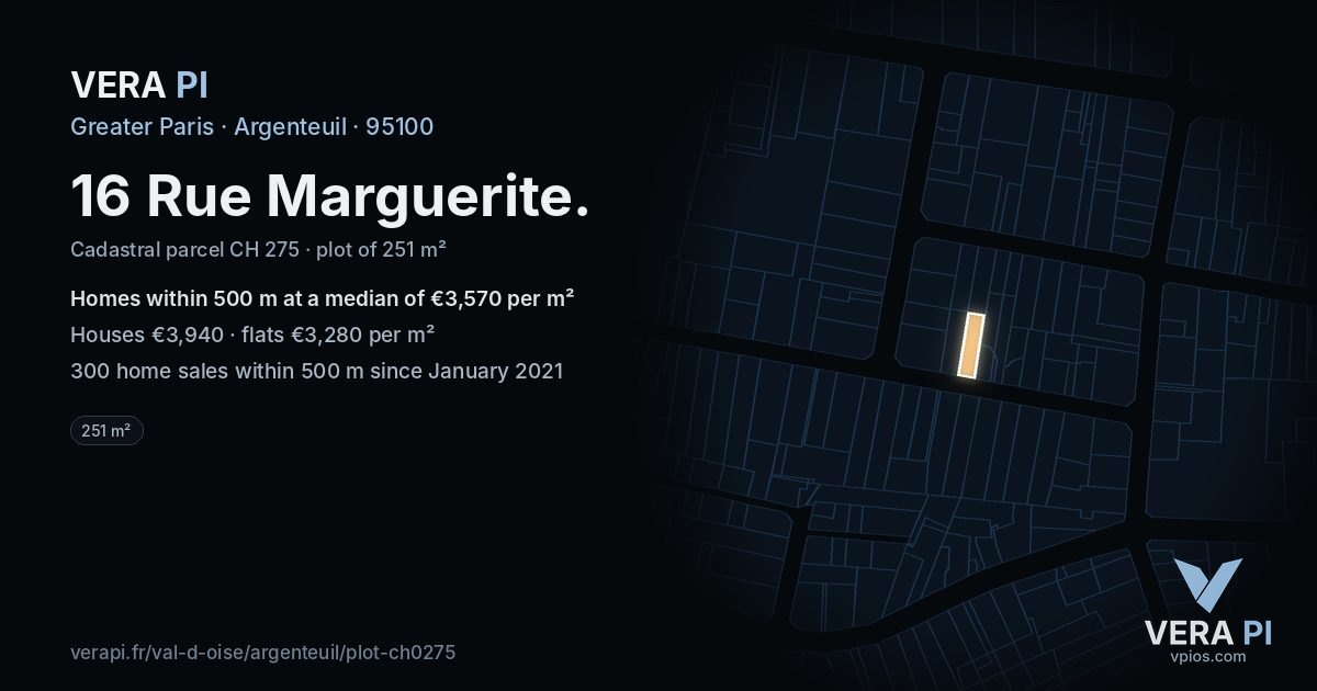 16 Rue Marguerite, Argenteuil at night – the plot lit, the parcels around coloured by the prices near them