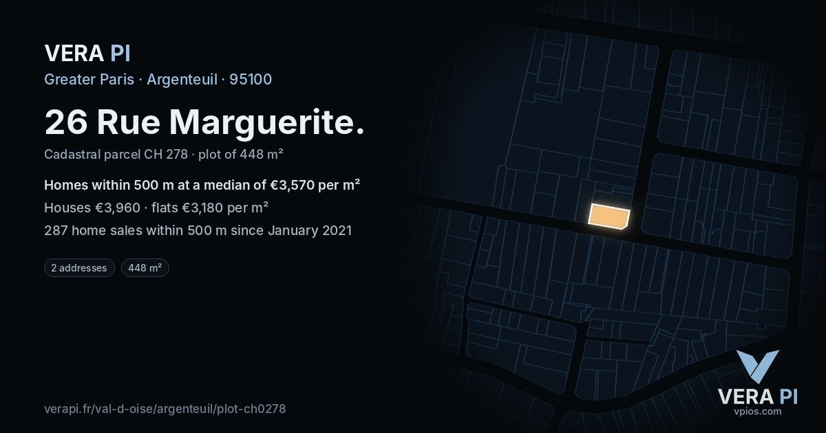 26 Rue Marguerite, Argenteuil at night – the plot lit, the parcels around coloured by the prices near them