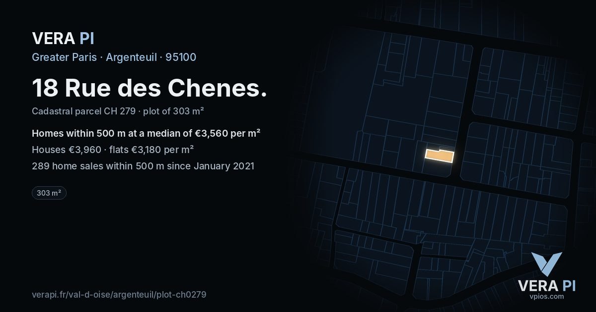 18 Rue des Chenes, Argenteuil at night – the plot lit, the parcels around coloured by the prices near them