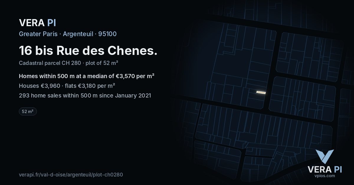 16 bis Rue des Chenes, Argenteuil at night – the plot lit, the parcels around coloured by the prices near them