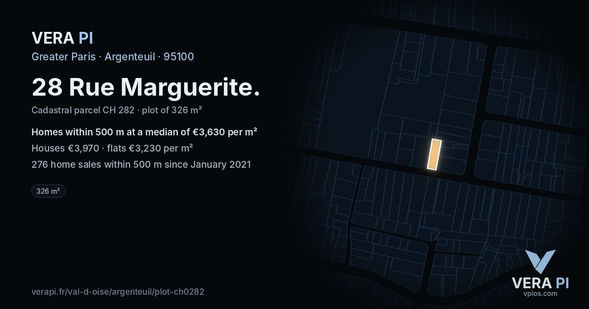 28 Rue Marguerite, Argenteuil at night – the plot lit, the parcels around coloured by the prices near them