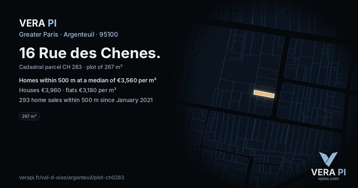16 Rue des Chenes, Argenteuil at night – the plot lit, the parcels around coloured by the prices near them