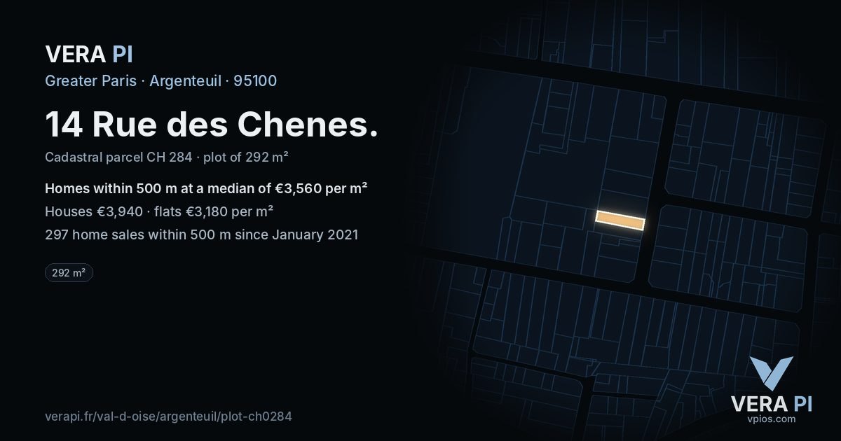 14 Rue des Chenes, Argenteuil at night – the plot lit, the parcels around coloured by the prices near them