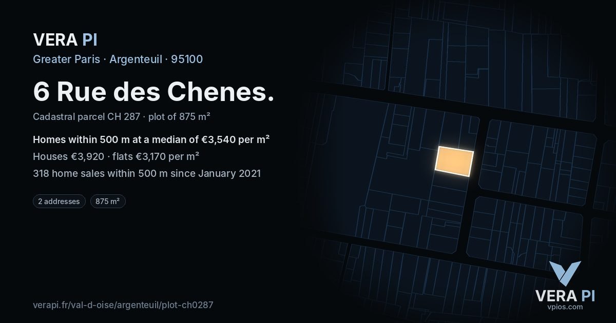 6 Rue des Chenes, Argenteuil at night – the plot lit, the parcels around coloured by the prices near them