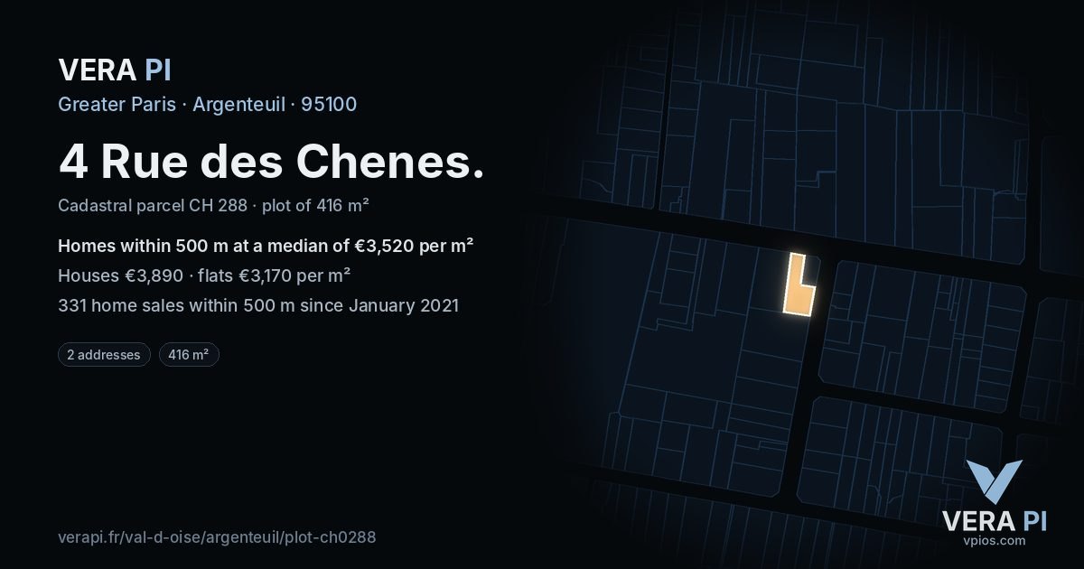4 Rue des Chenes, Argenteuil at night – the plot lit, the parcels around coloured by the prices near them