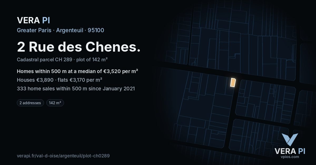 2 Rue des Chenes, Argenteuil at night – the plot lit, the parcels around coloured by the prices near them