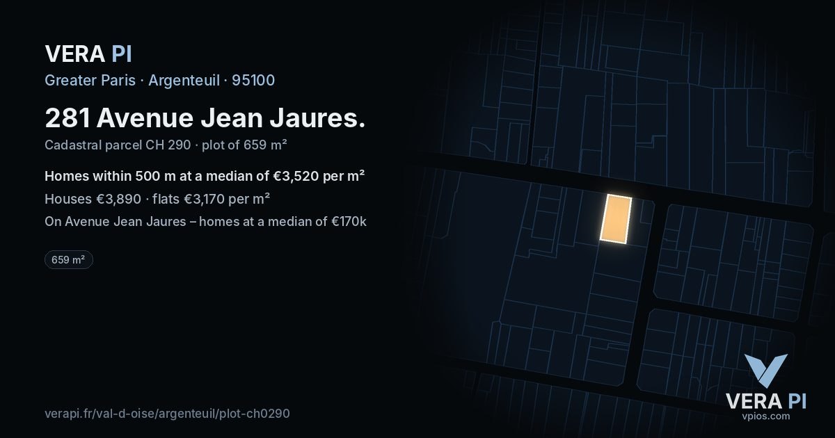 281 Avenue Jean Jaures, Argenteuil at night – the plot lit, the parcels around coloured by the prices near them