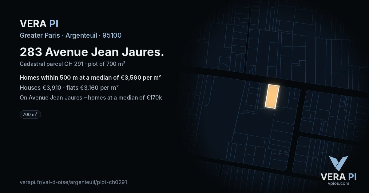 283 Avenue Jean Jaures, Argenteuil at night – the plot lit, the parcels around coloured by the prices near them