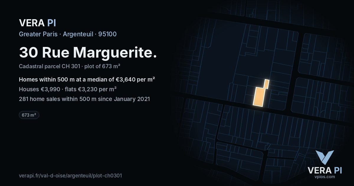 30 Rue Marguerite, Argenteuil at night – the plot lit, the parcels around coloured by the prices near them