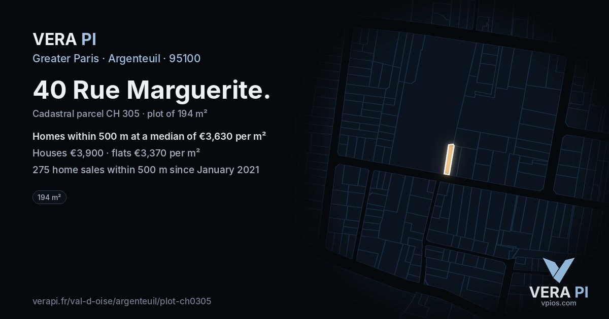 40 Rue Marguerite, Argenteuil at night – the plot lit, the parcels around coloured by the prices near them