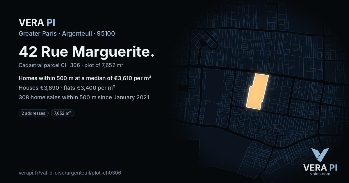 42 Rue Marguerite, Argenteuil at night – the plot lit, the parcels around coloured by the prices near them