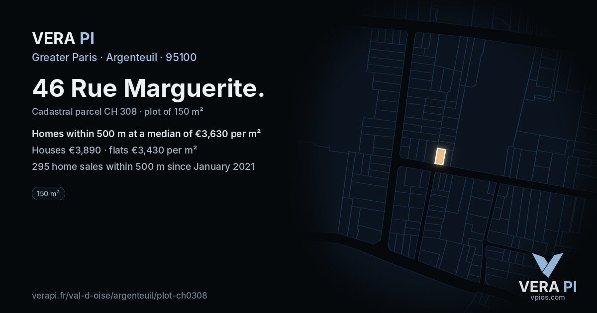 46 Rue Marguerite, Argenteuil at night – the plot lit, the parcels around coloured by the prices near them