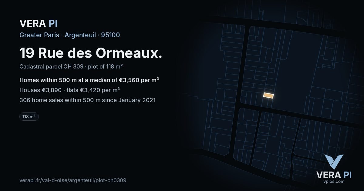 19 Rue des Ormeaux, Argenteuil at night – the plot lit, the parcels around coloured by the prices near them