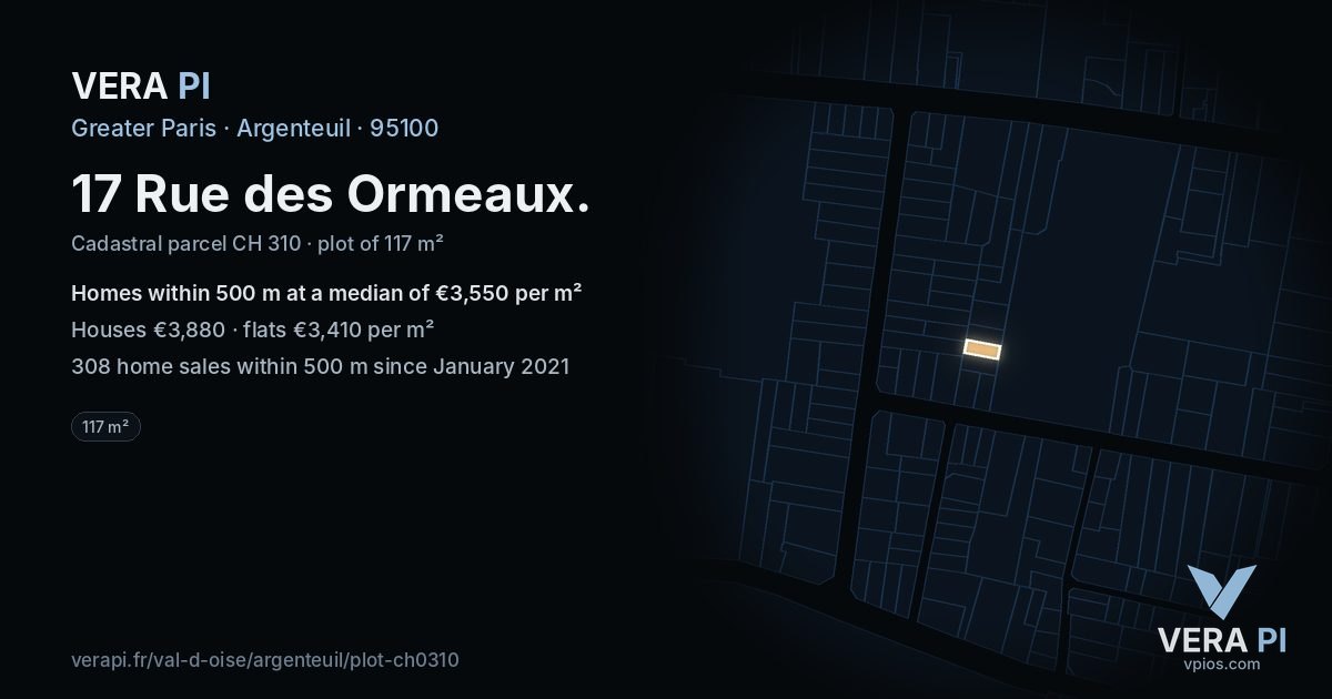 17 Rue des Ormeaux, Argenteuil at night – the plot lit, the parcels around coloured by the prices near them