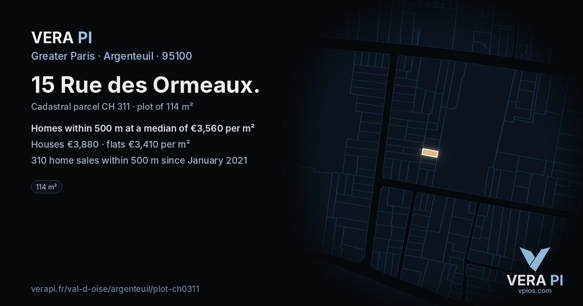 15 Rue des Ormeaux, Argenteuil at night – the plot lit, the parcels around coloured by the prices near them