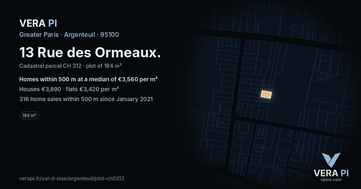 13 Rue des Ormeaux, Argenteuil at night – the plot lit, the parcels around coloured by the prices near them