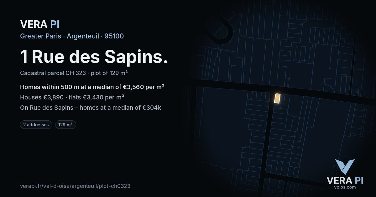 1 Rue des Sapins, Argenteuil at night – the plot lit, the parcels around coloured by the prices near them