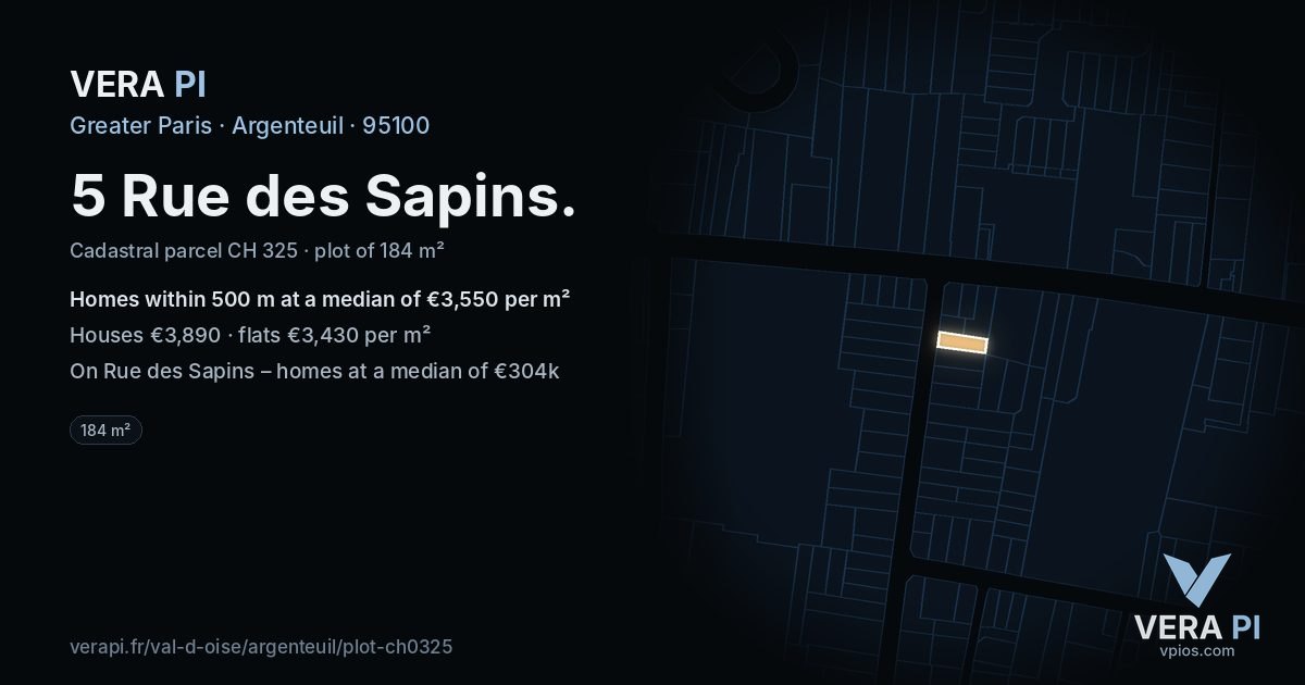 5 Rue des Sapins, Argenteuil at night – the plot lit, the parcels around coloured by the prices near them