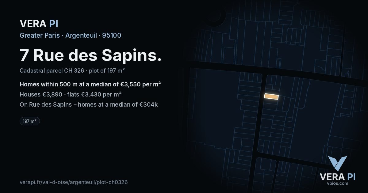 7 Rue des Sapins, Argenteuil at night – the plot lit, the parcels around coloured by the prices near them