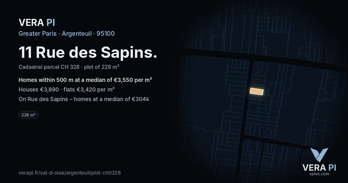 11 Rue des Sapins, Argenteuil at night – the plot lit, the parcels around coloured by the prices near them