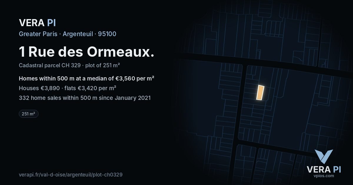 1 Rue des Ormeaux, Argenteuil at night – the plot lit, the parcels around coloured by the prices near them
