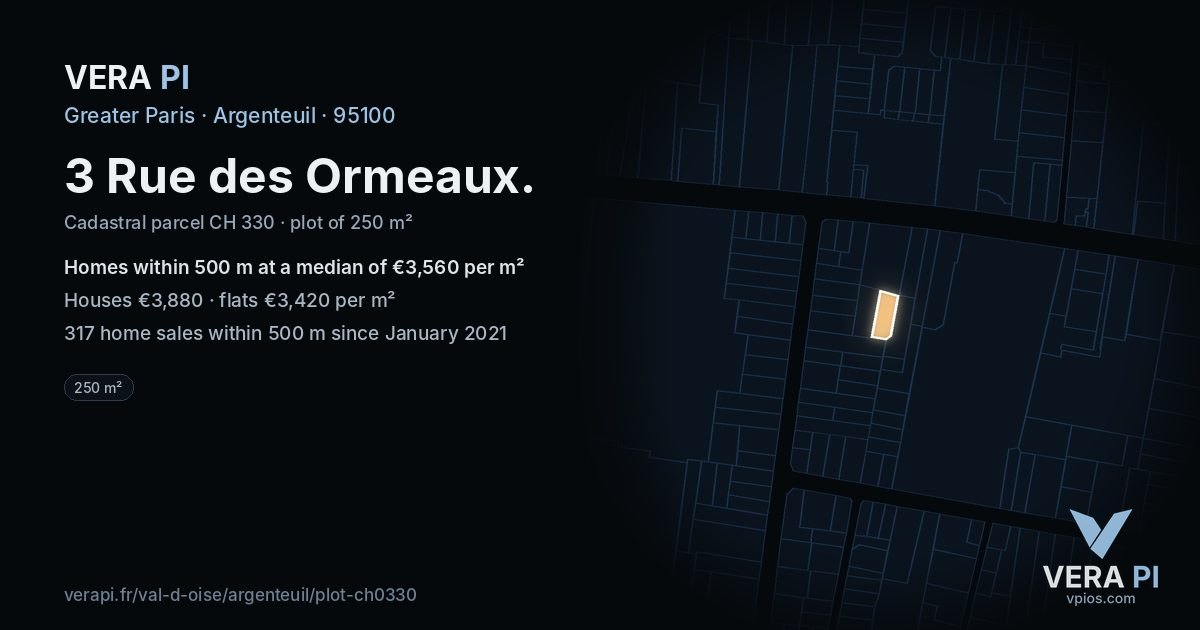 3 Rue des Ormeaux, Argenteuil at night – the plot lit, the parcels around coloured by the prices near them