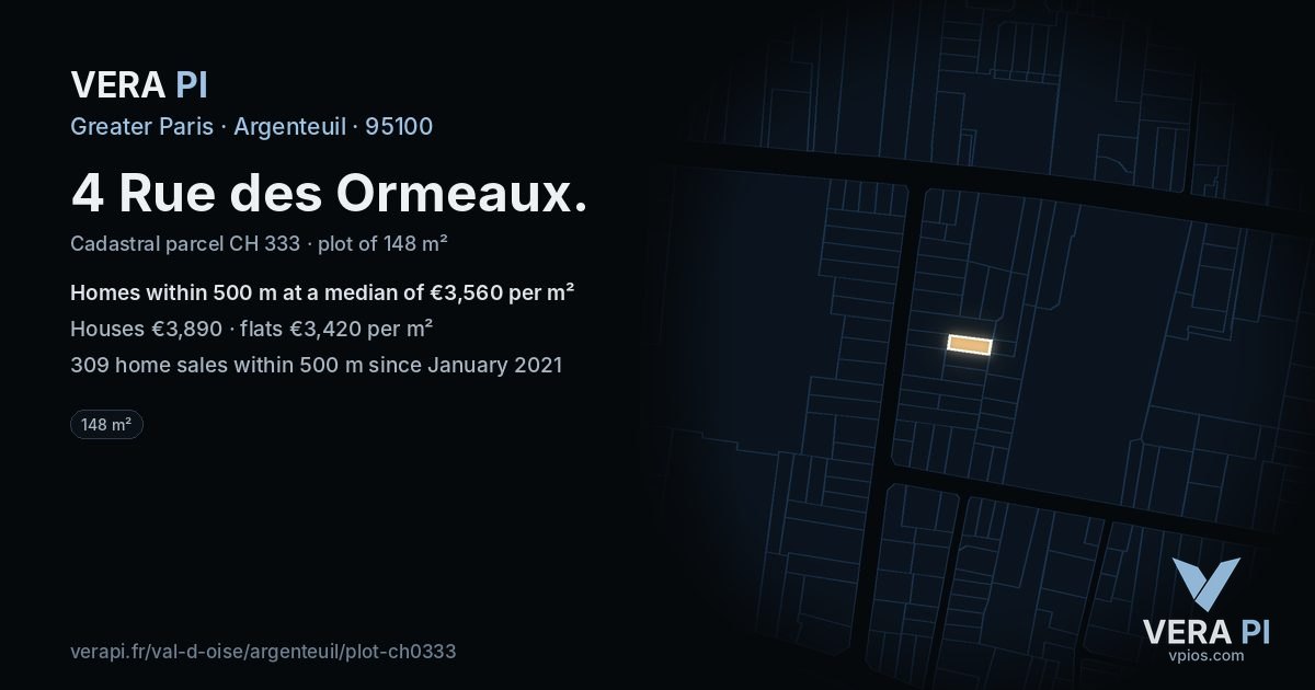 4 Rue des Ormeaux, Argenteuil at night – the plot lit, the parcels around coloured by the prices near them
