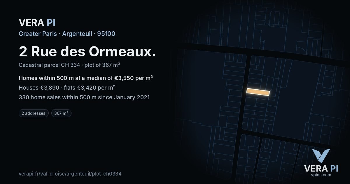 2 Rue des Ormeaux, Argenteuil at night – the plot lit, the parcels around coloured by the prices near them