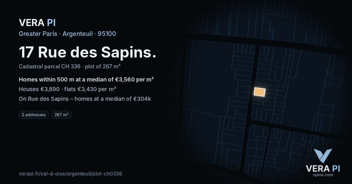 17 Rue des Sapins, Argenteuil at night – the plot lit, the parcels around coloured by the prices near them