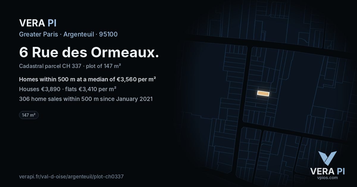 6 Rue des Ormeaux, Argenteuil at night – the plot lit, the parcels around coloured by the prices near them